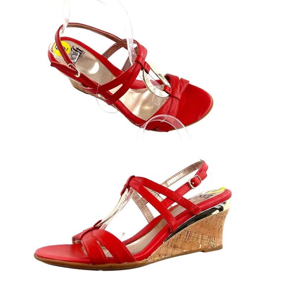 Sofft Shoes Sofft Womens Wedge Sandals Size 9 Red Leather Strappy Cork Sole Poshmark